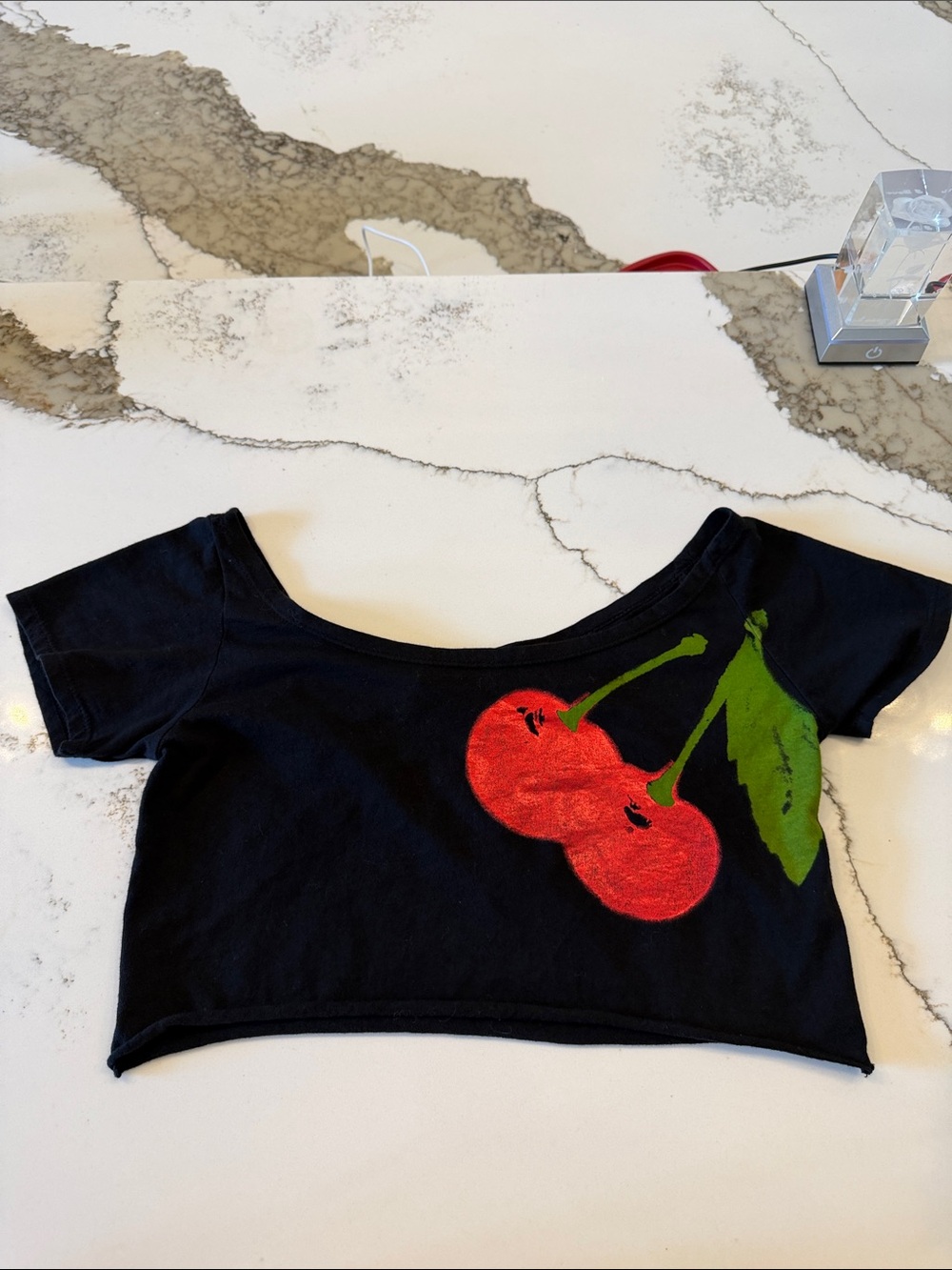 Emma & Sam Black Crop Top with Red Cherry Graphic